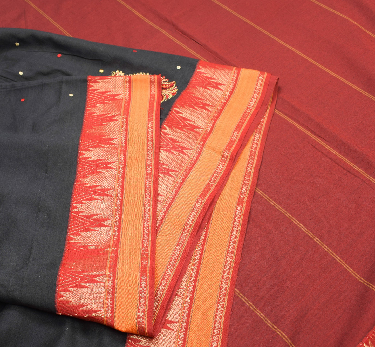 Sushila Vintage Black Chettinad Saree Pure Cotton Woven Embroidered Sari Fabric