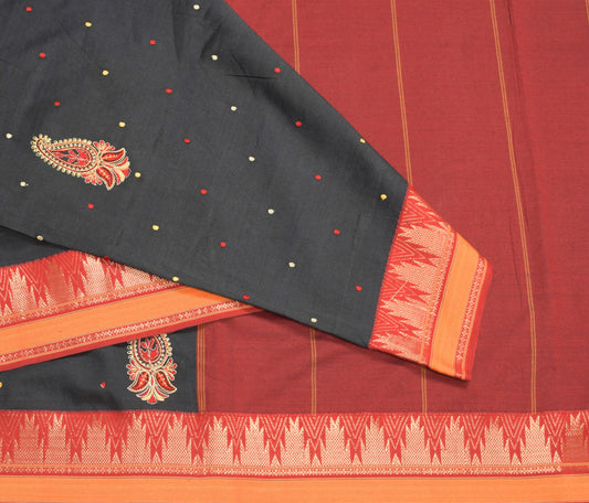 Sushila Vintage Black Chettinad Saree Pure Cotton Woven Embroidered Sari Fabric