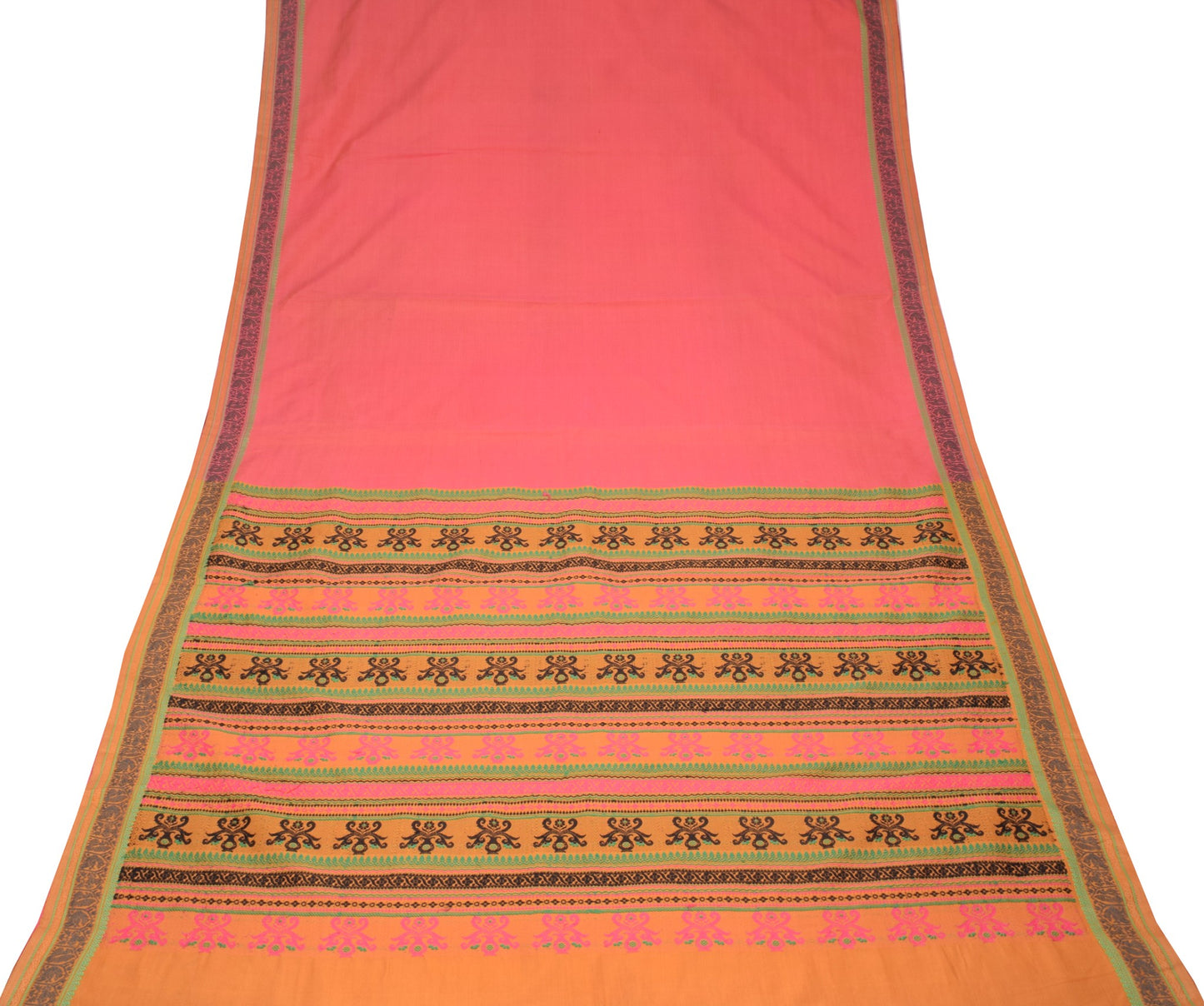 Sushila Vintage Pink Saree Handwoven Peacock Border Pallu PureCotton Sari Fabric