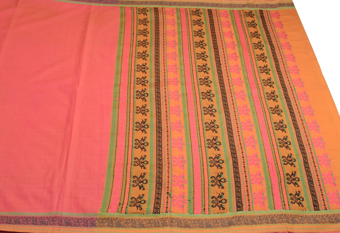 Sushila Vintage Pink Saree Handwoven Peacock Border Pallu PureCotton Sari Fabric
