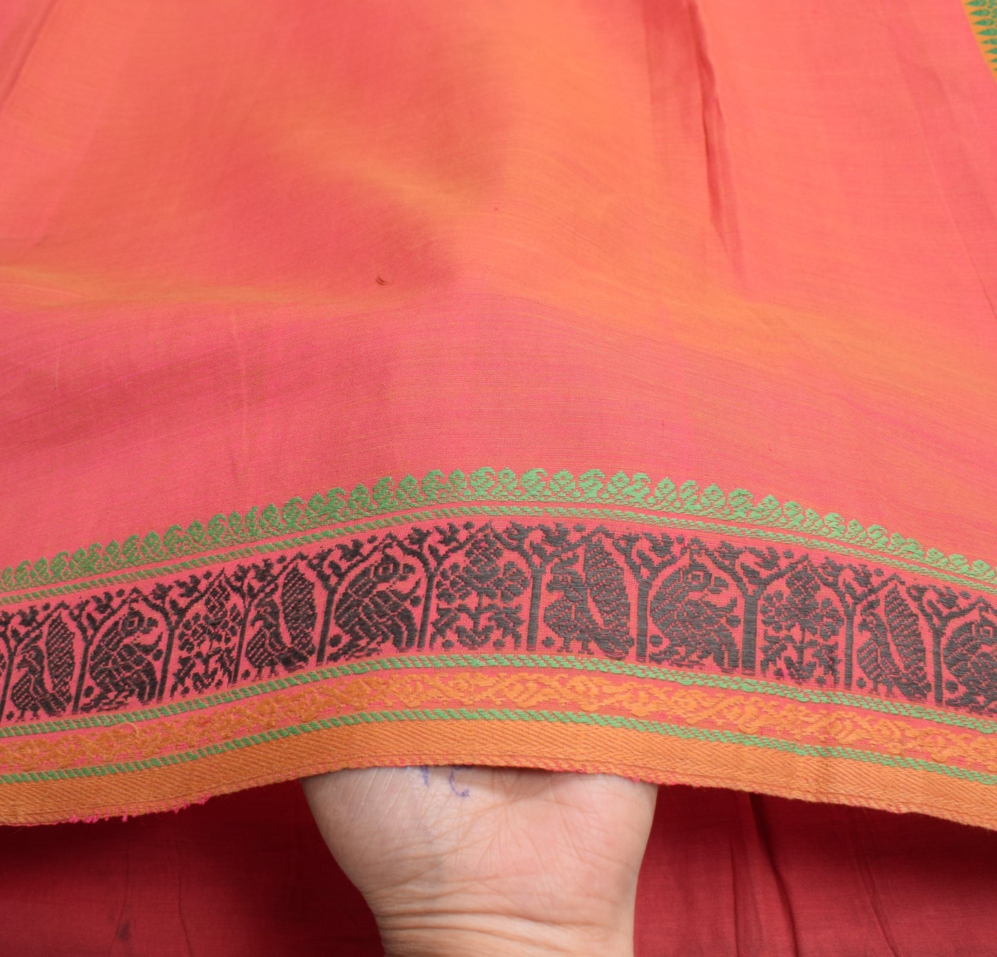 Sushila Vintage Pink Saree Handwoven Peacock Border Pallu PureCotton Sari Fabric