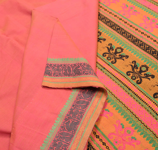 Sushila Vintage Pink Saree Handwoven Peacock Border Pallu PureCotton Sari Fabric