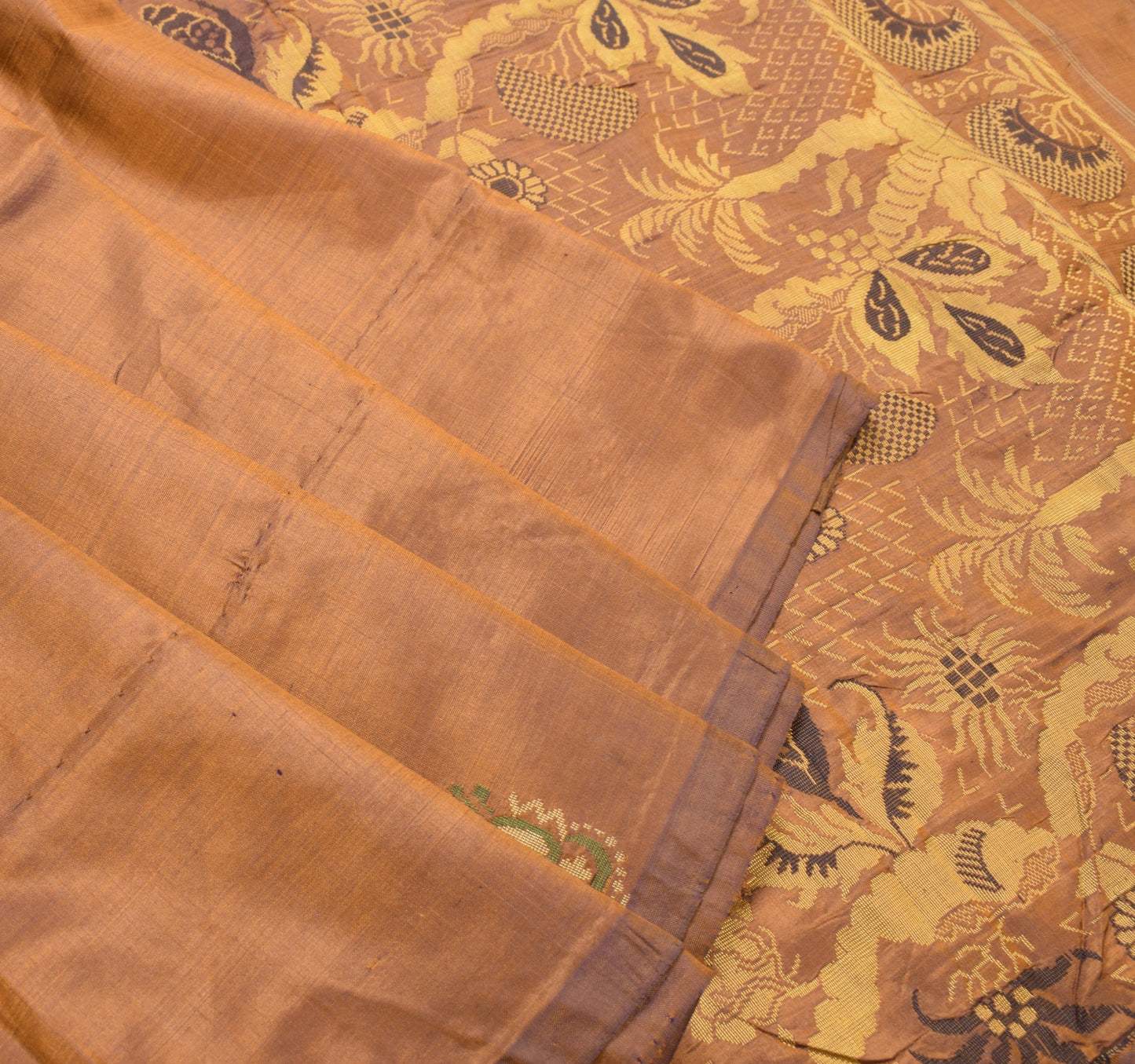 Sushila Vintage Mustard Dual Tone Saree Hand Woven Paisley Pure Silk Sari Fabric