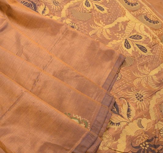 Sushila Vintage Mustard Dual Tone Saree Hand Woven Paisley Pure Silk Sari Fabric