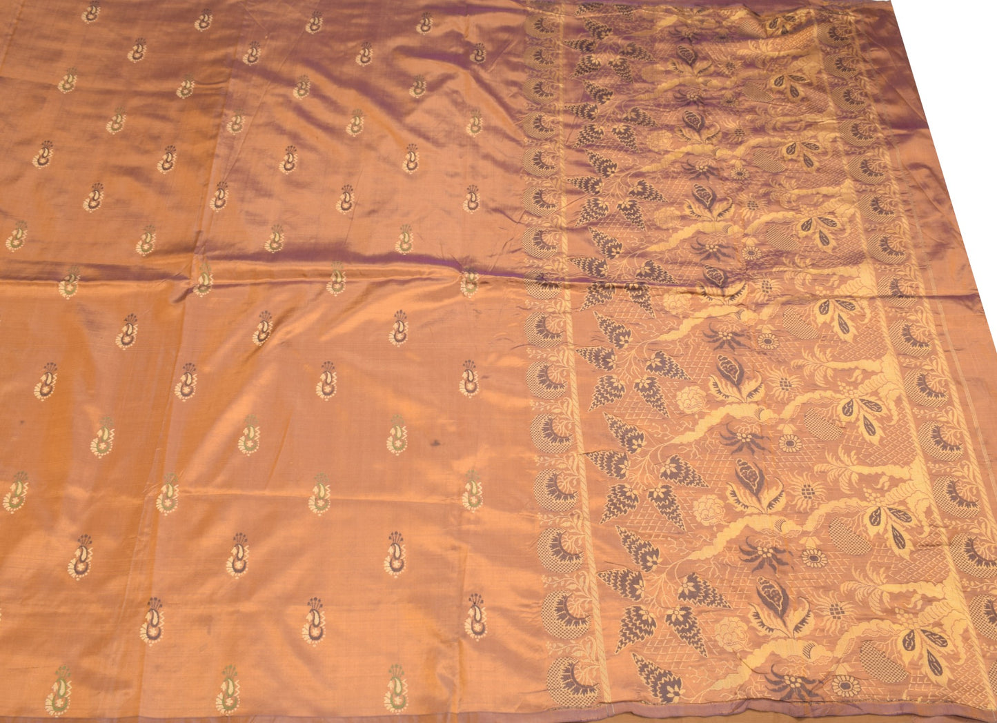 Sushila Vintage Mustard Dual Tone Saree Hand Woven Paisley Pure Silk Sari Fabric