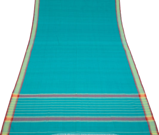 Sushila Vintage Pure Handloom Cotton Saree Dark Aqua Woven Stripes Sari Fabric
