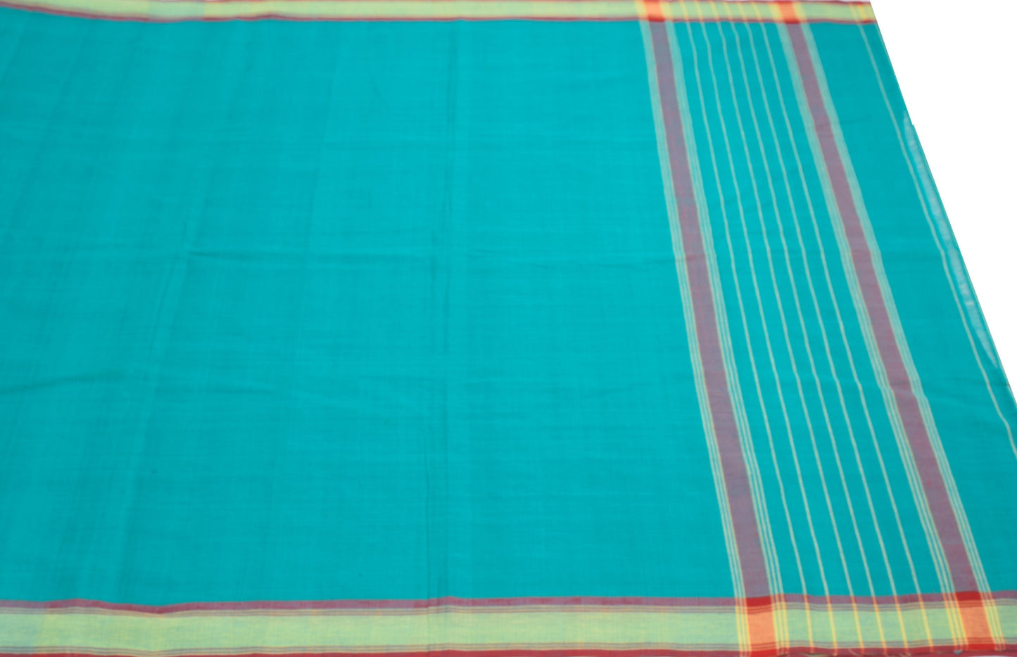 Sushila Vintage Pure Handloom Cotton Saree Dark Aqua Woven Stripes Sari Fabric