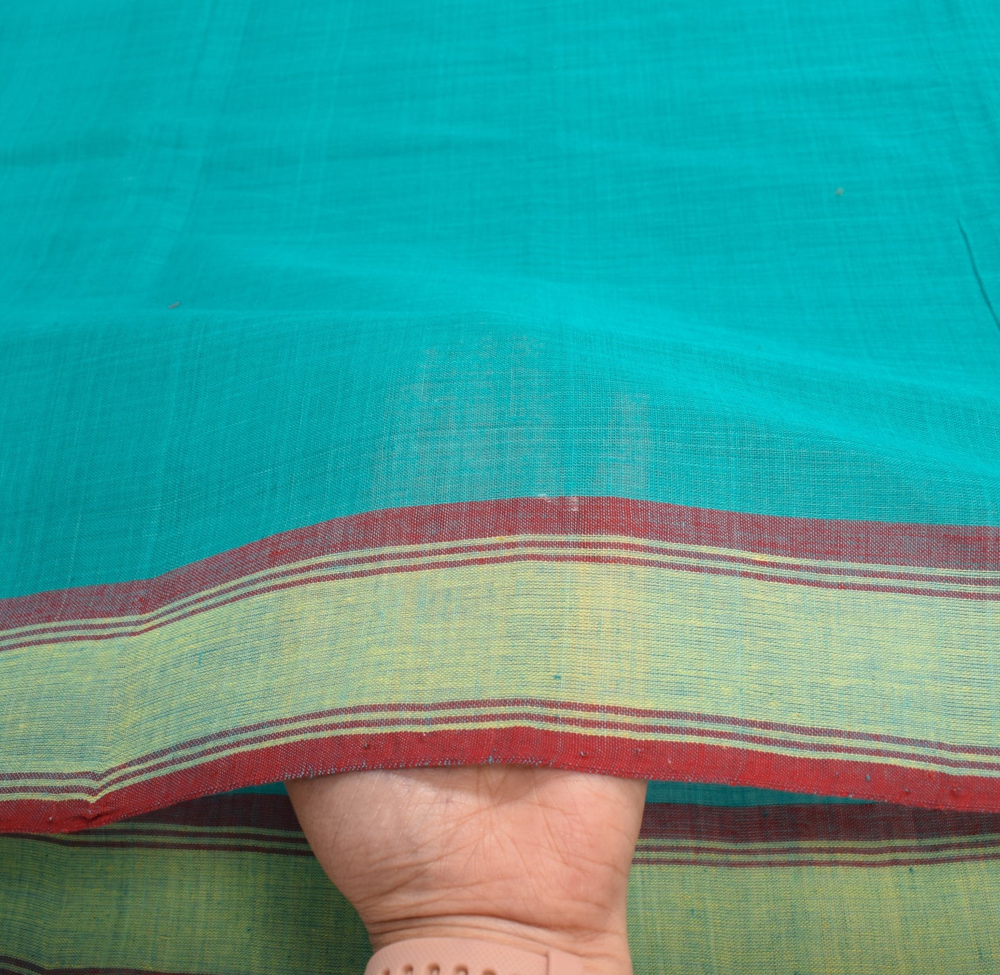 Sushila Vintage Pure Handloom Cotton Saree Dark Aqua Woven Stripes Sari Fabric