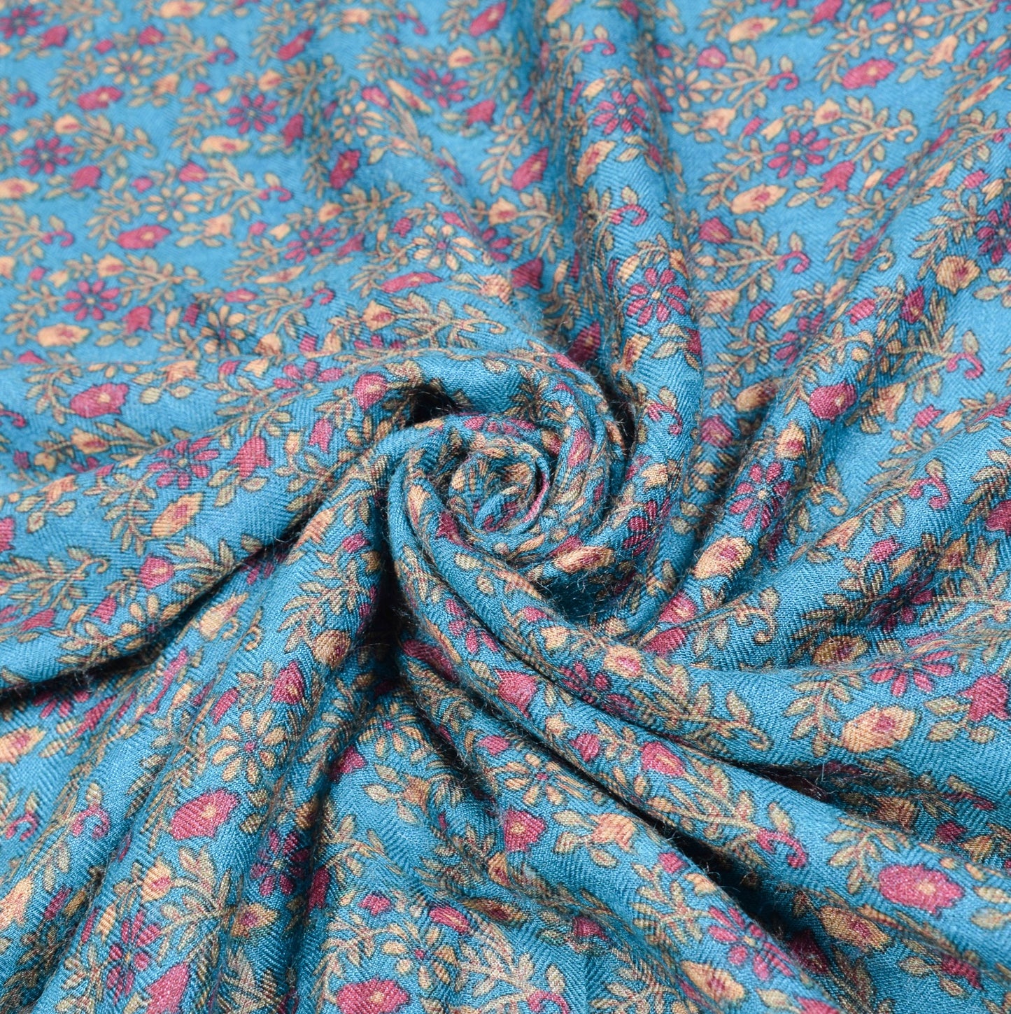 Sushila Vintage Teal Blue Saree Pure Woolen Floral Printed Soft 4YD Sari Fabric