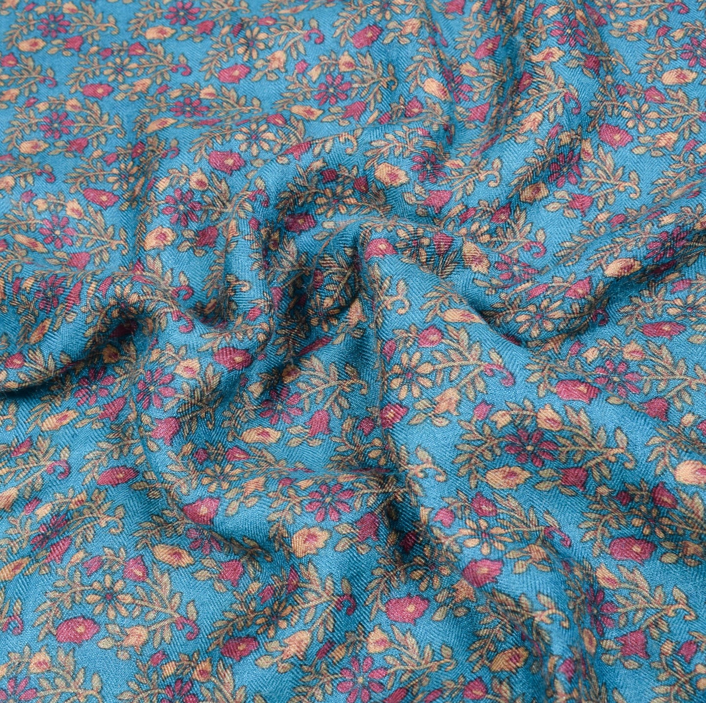 Sushila Vintage Teal Blue Saree Pure Woolen Floral Printed Soft 4YD Sari Fabric