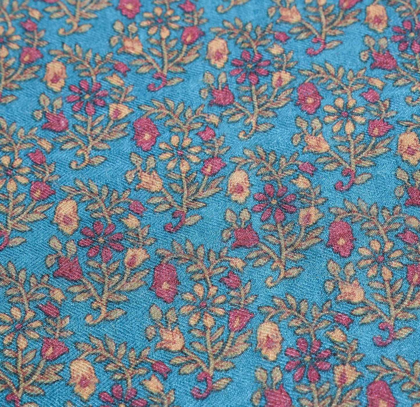 Sushila Vintage Teal Blue Saree Pure Woolen Floral Printed Soft 4YD Sari Fabric
