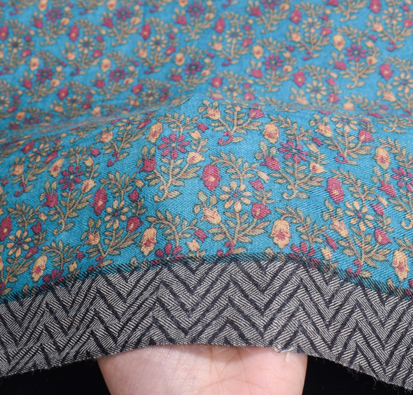 Sushila Vintage Teal Blue Saree Pure Woolen Floral Printed Soft 4YD Sari Fabric