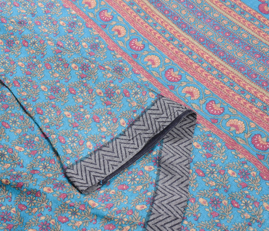 Sushila Vintage Teal Blue Saree Pure Woolen Floral Printed Soft 4YD Sari Fabric
