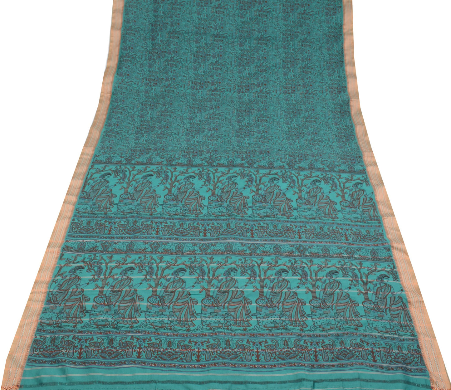 Sushila Vintage Mythological Printed Saree Art Cotton Silk Aqua 5YD Sari Fabric