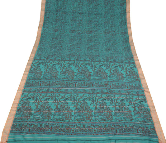 Sushila Vintage Mythological Printed Saree Art Cotton Silk Aqua 5YD Sari Fabric