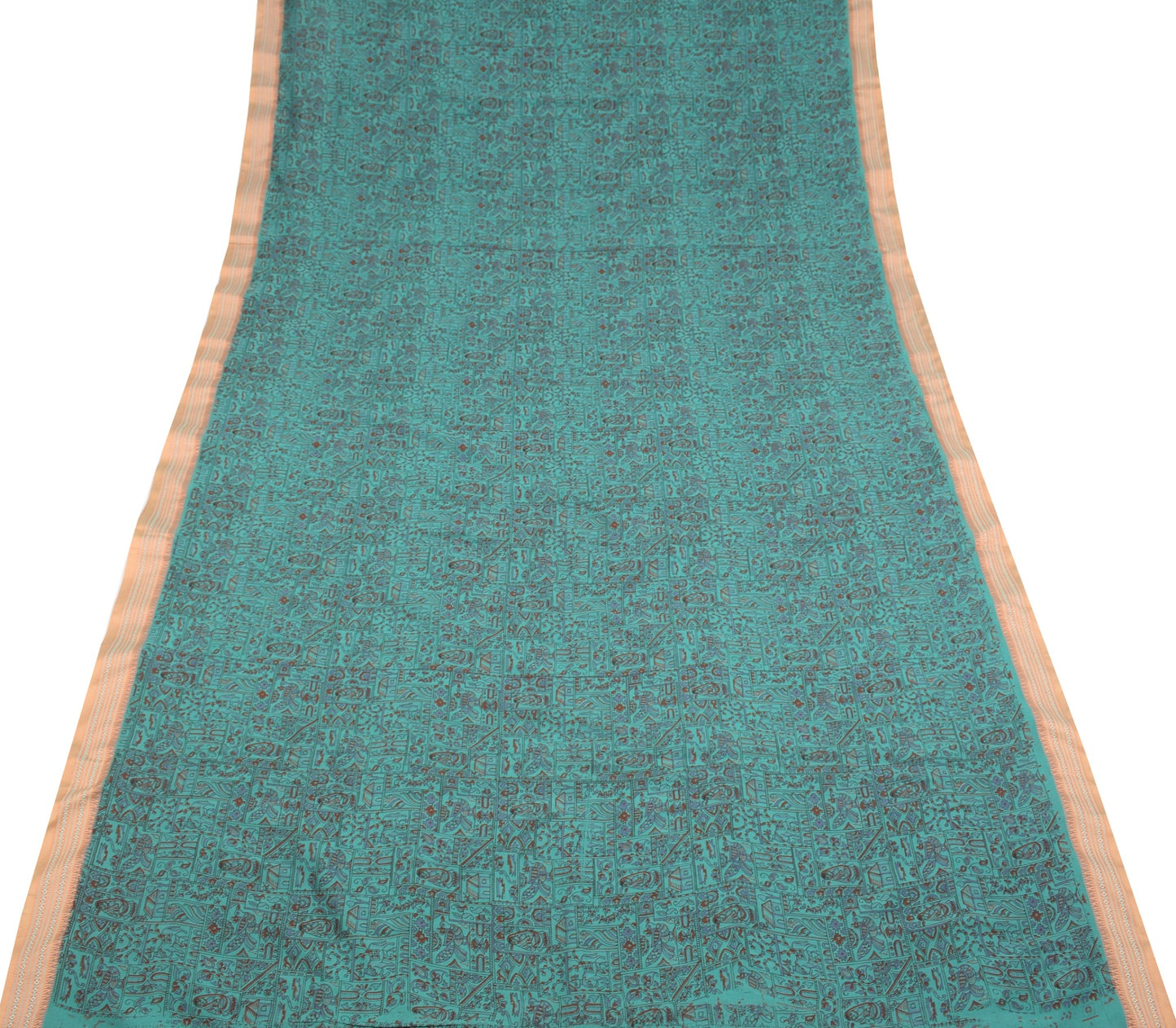 Sushila Vintage Mythological Printed Saree Art Cotton Silk Aqua 5YD Sari Fabric