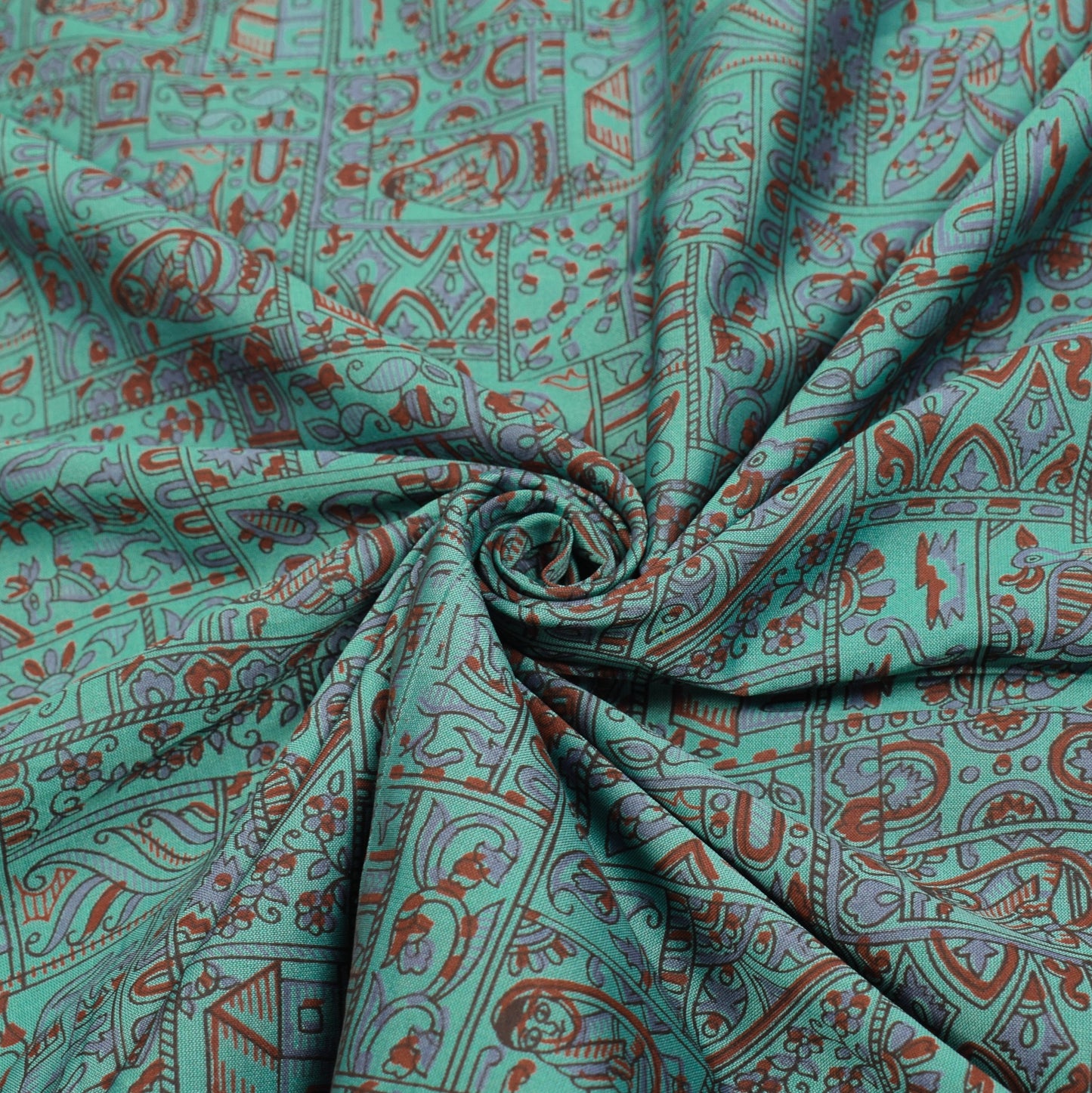 Sushila Vintage Mythological Printed Saree Art Cotton Silk Aqua 5YD Sari Fabric
