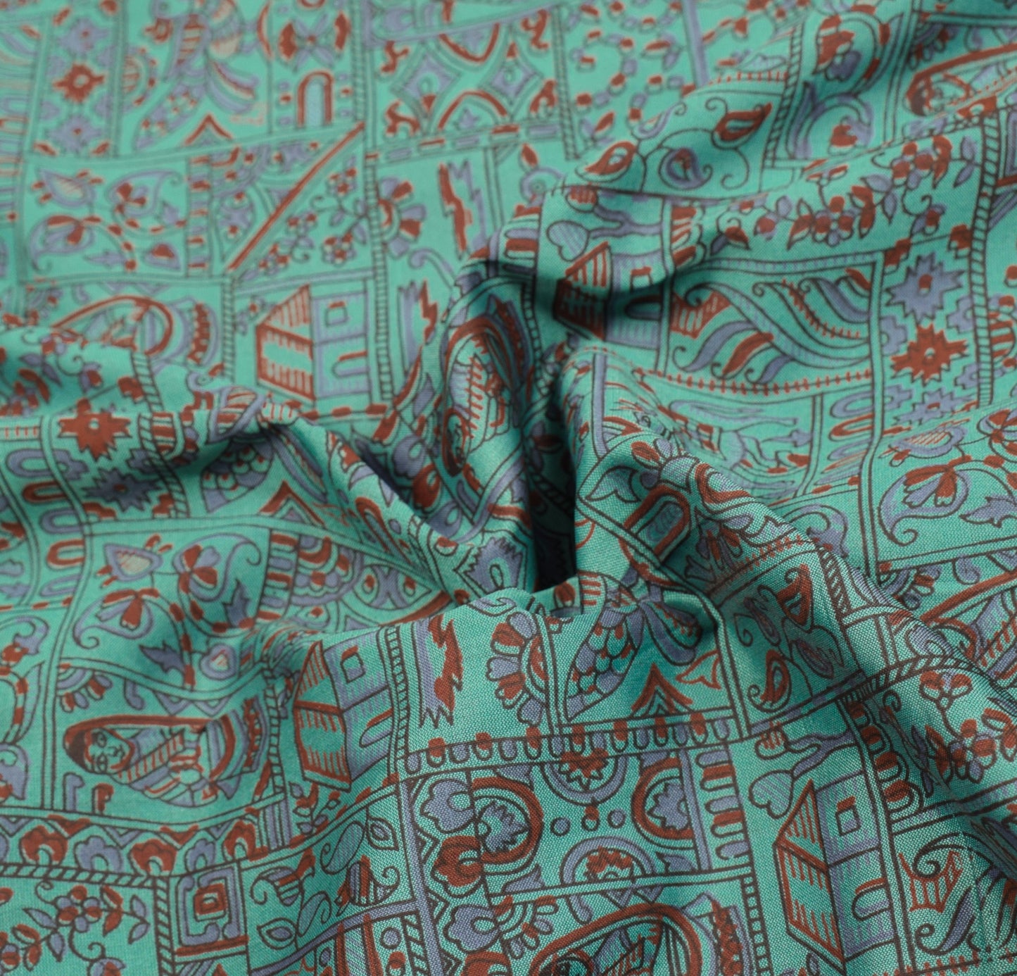 Sushila Vintage Mythological Printed Saree Art Cotton Silk Aqua 5YD Sari Fabric