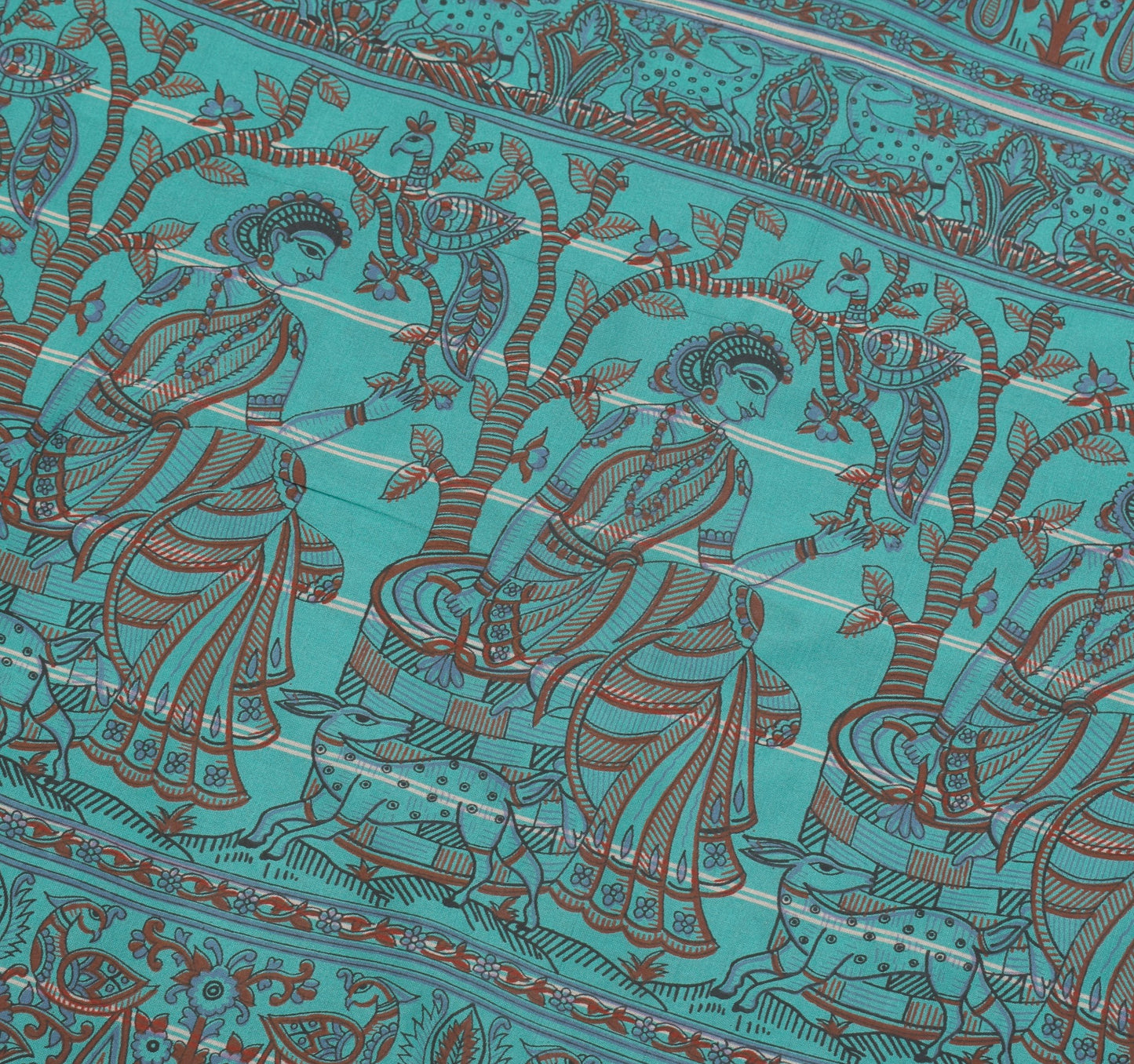 Sushila Vintage Mythological Printed Saree Art Cotton Silk Aqua 5YD Sari Fabric