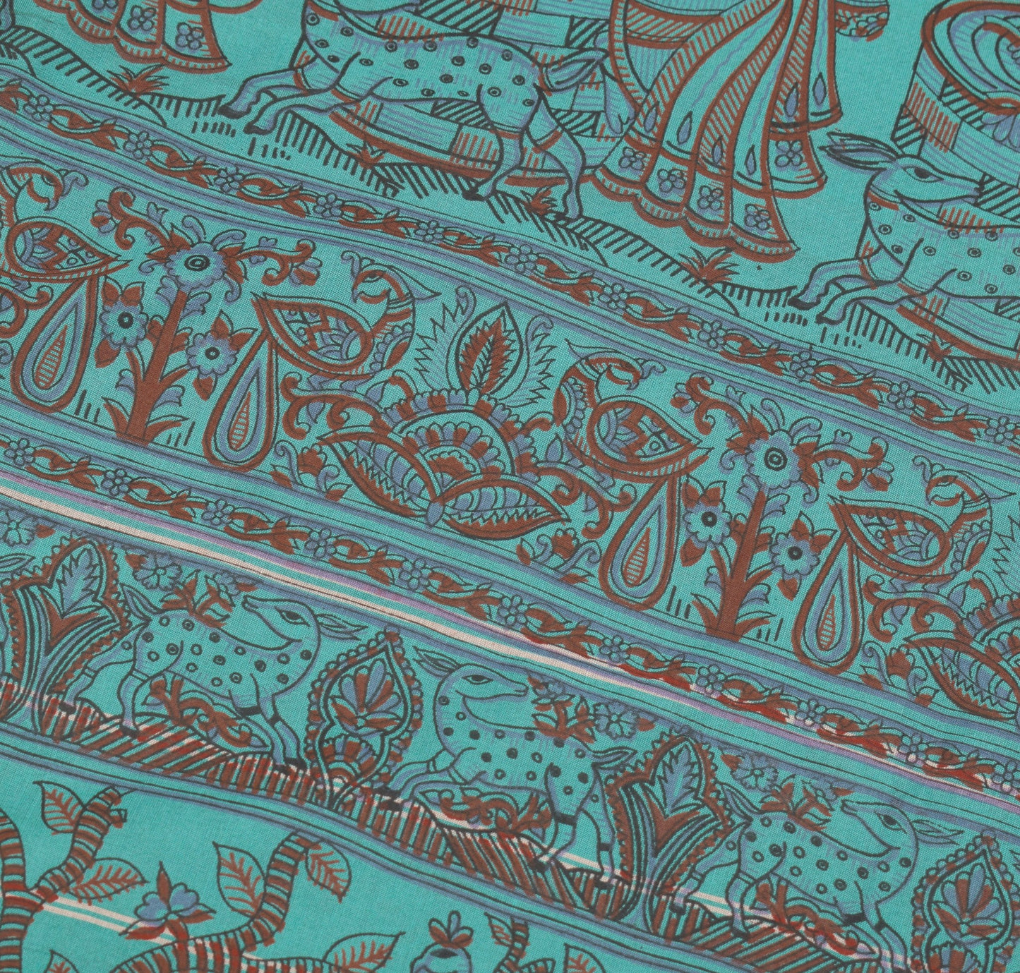 Sushila Vintage Mythological Printed Saree Art Cotton Silk Aqua 5YD Sari Fabric