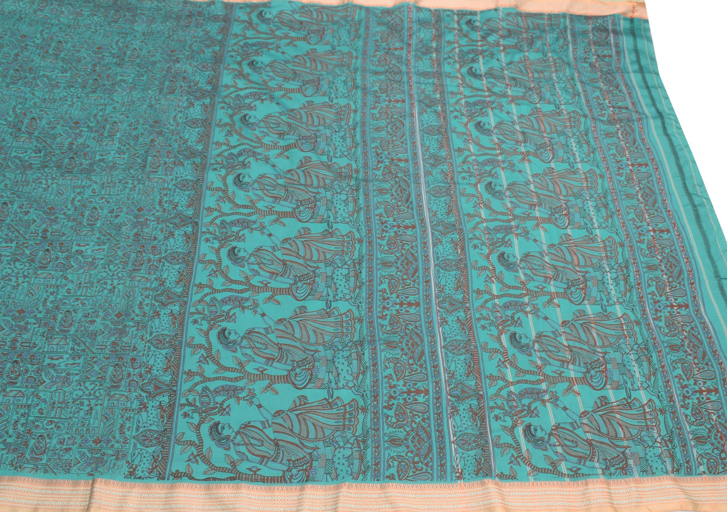 Sushila Vintage Mythological Printed Saree Art Cotton Silk Aqua 5YD Sari Fabric