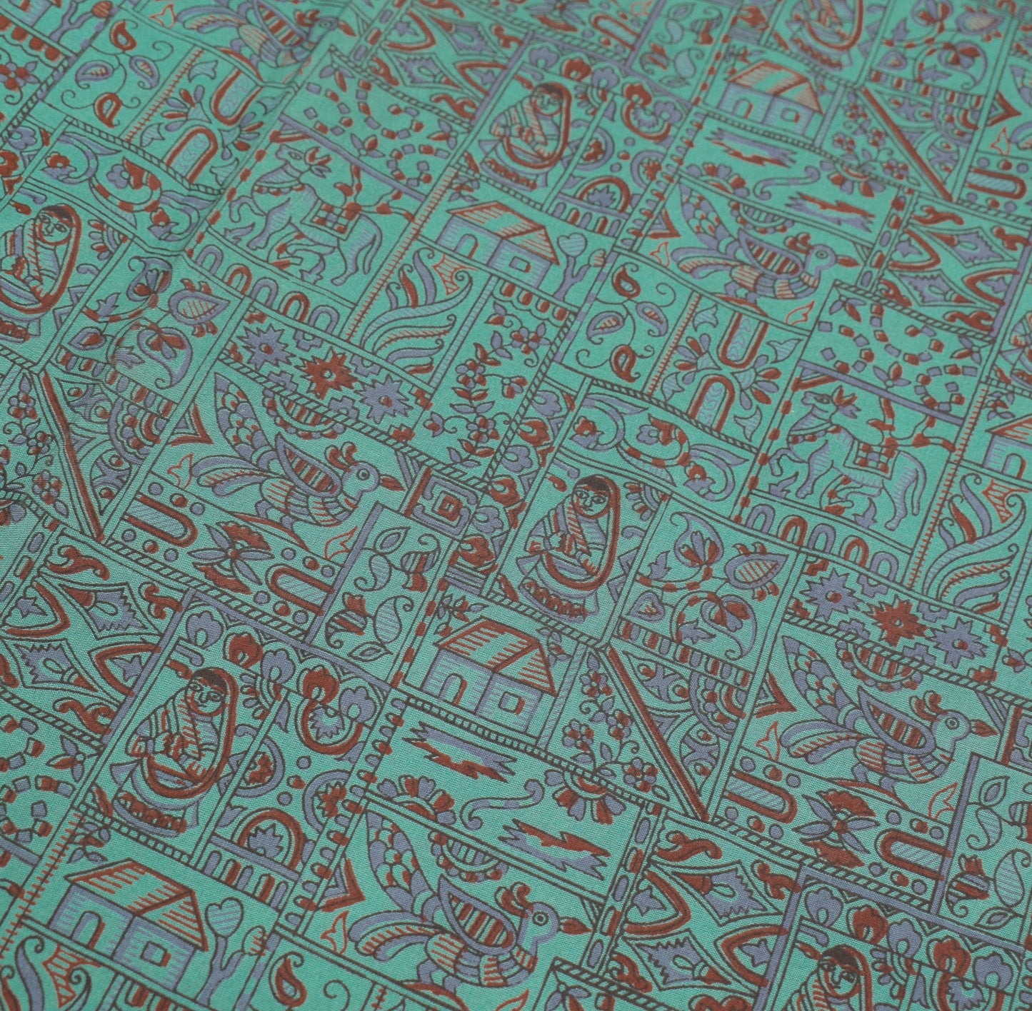 Sushila Vintage Mythological Printed Saree Art Cotton Silk Aqua 5YD Sari Fabric
