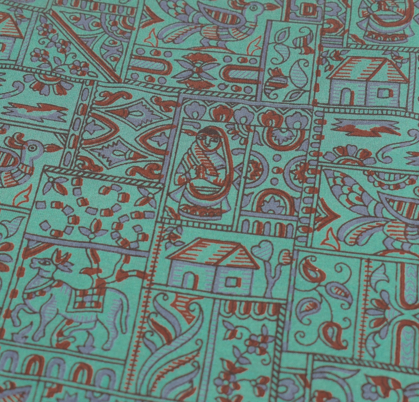 Sushila Vintage Mythological Printed Saree Art Cotton Silk Aqua 5YD Sari Fabric