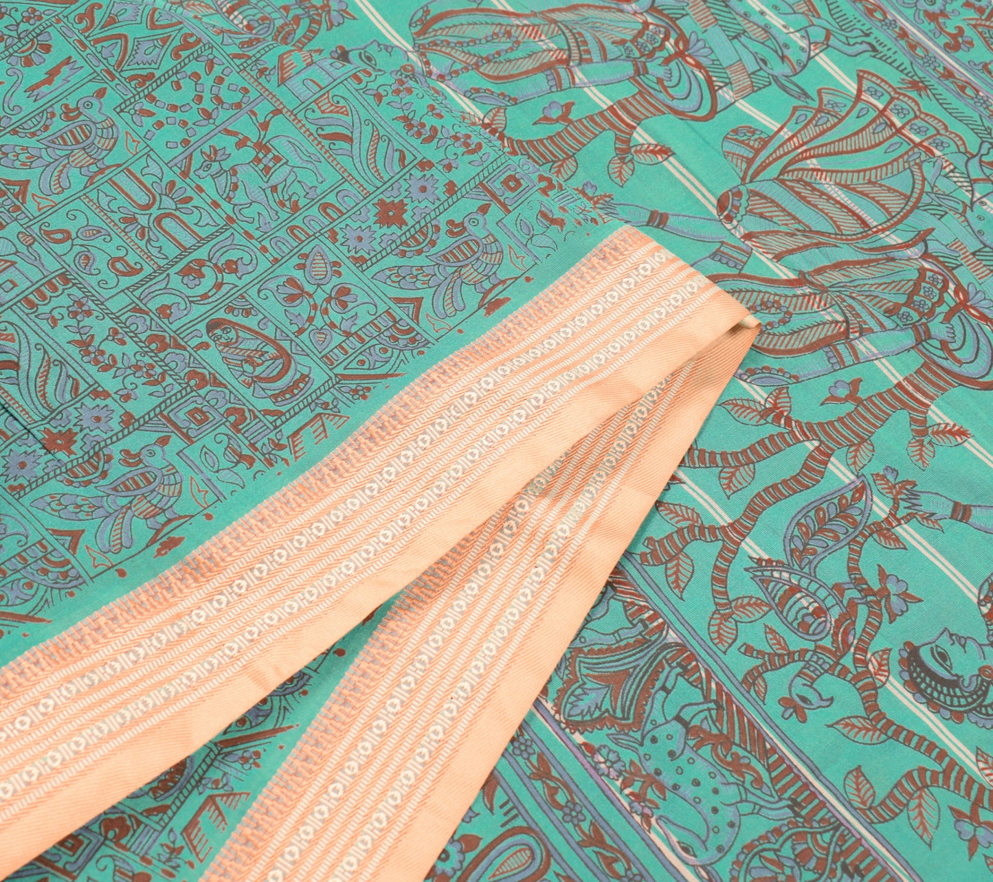 Sushila Vintage Mythological Printed Saree Art Cotton Silk Aqua 5YD Sari Fabric