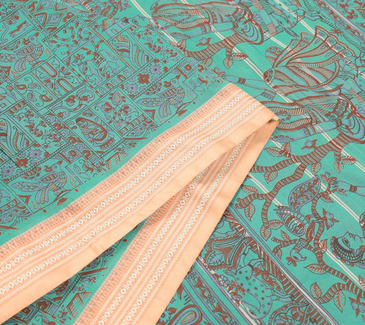 Sushila Vintage Mythological Printed Saree Art Cotton Silk Aqua 5YD Sari Fabric