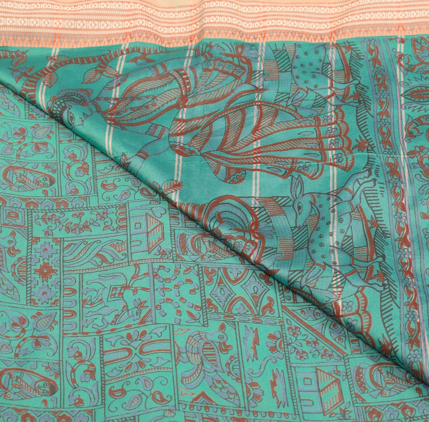 Sushila Vintage Mythological Printed Saree Art Cotton Silk Aqua 5YD Sari Fabric