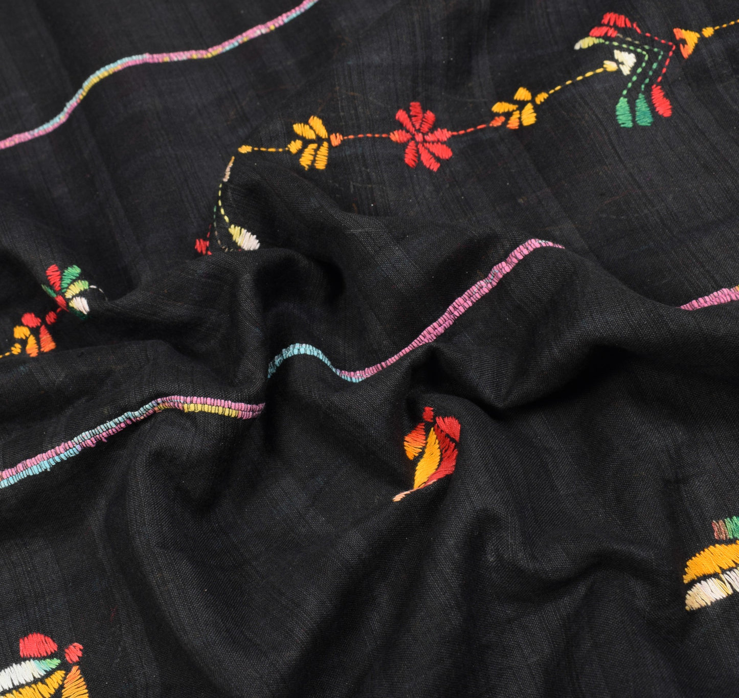 Sushila Vintage Black Saree Kuthir Handloom Pure Cotton Khesh Katha Sari Fabric