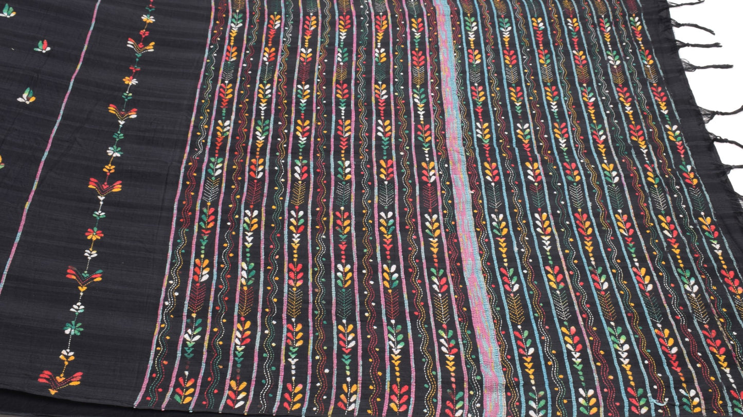 Sushila Vintage Black Saree Kuthir Handloom Pure Cotton Khesh Katha Sari Fabric