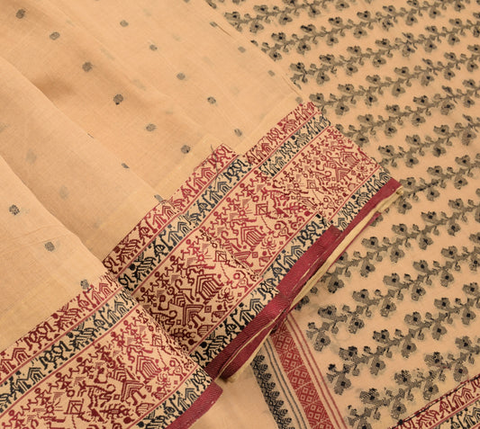 Sushila Vintage Light Brown Saree Handloom Pure Cotton Jamdani Woven Sari Fabric