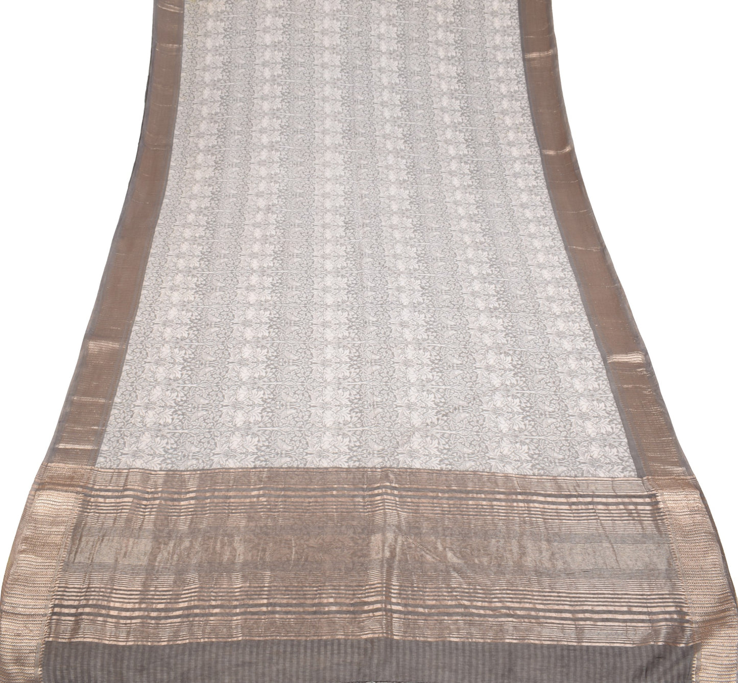 Sushila Vintage Gray Art Cotton Saree Bird Animal Printed Zari Woven Sari Fabric