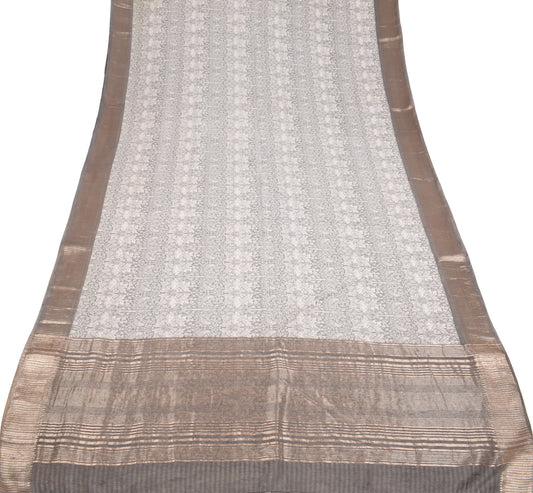 Sushila Vintage Gray Art Cotton Saree Bird Animal Printed Zari Woven Sari Fabric