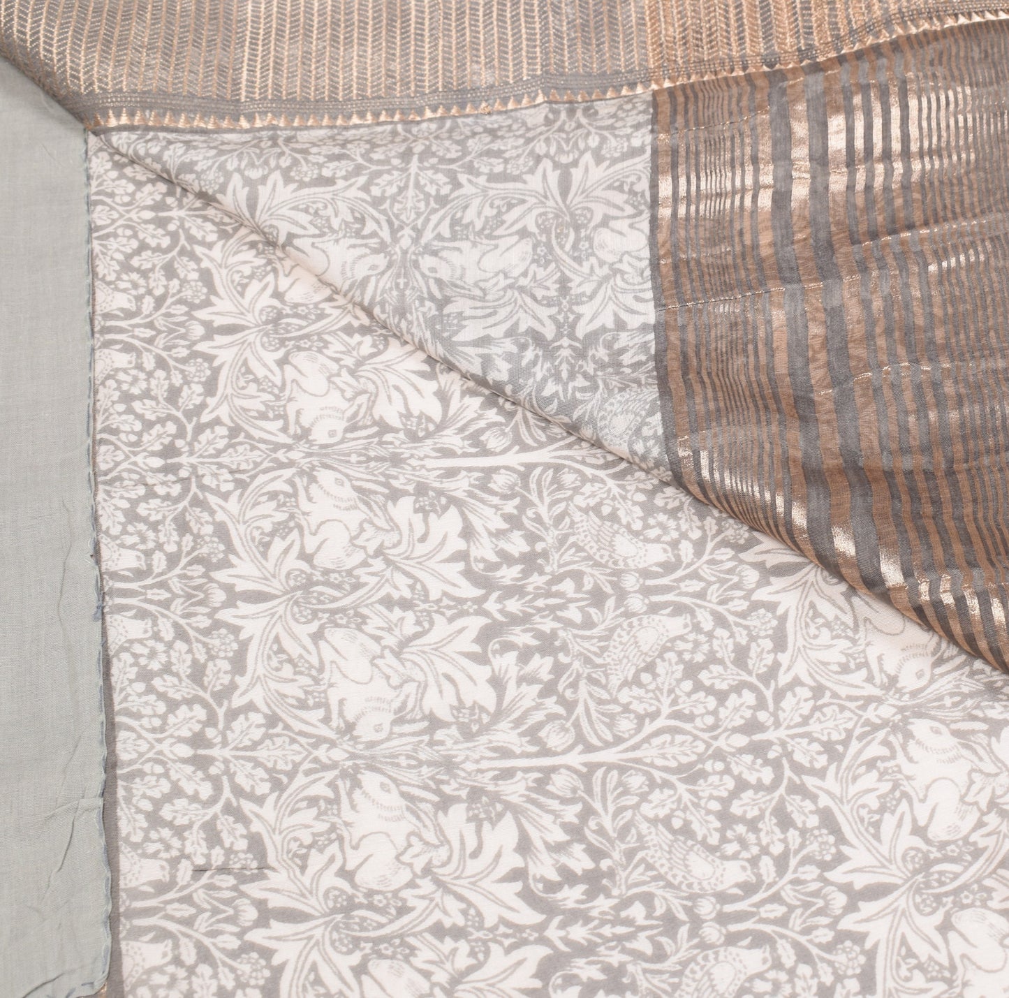 Sushila Vintage Gray Art Cotton Saree Bird Animal Printed Zari Woven Sari Fabric