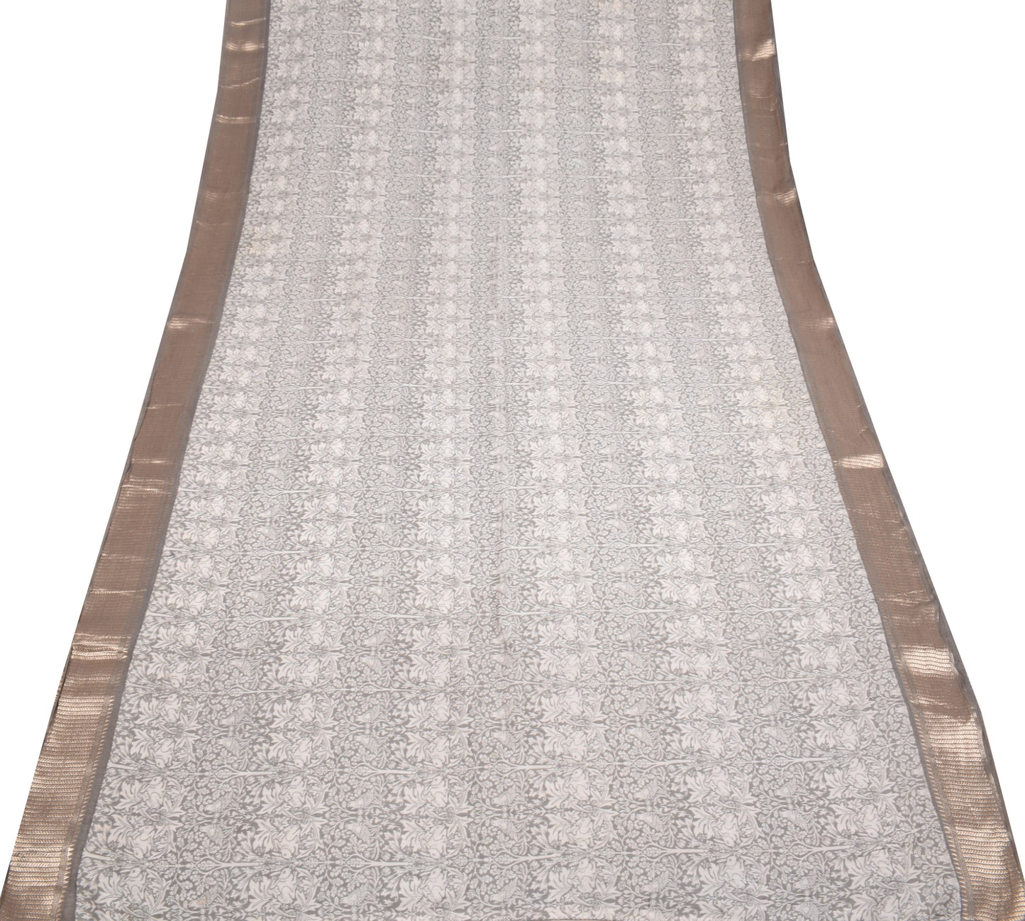 Sushila Vintage Gray Art Cotton Saree Bird Animal Printed Zari Woven Sari Fabric