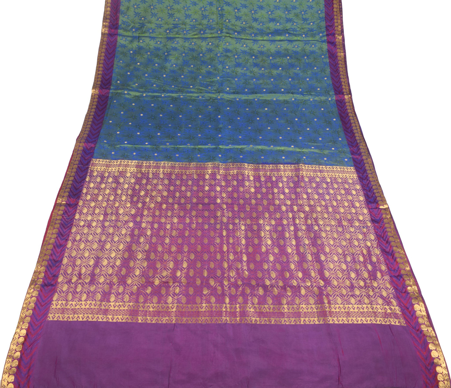 Sushila Vintage Pure kanjivaram Silk Saree Green Floral Zari Woven Sari Fabric