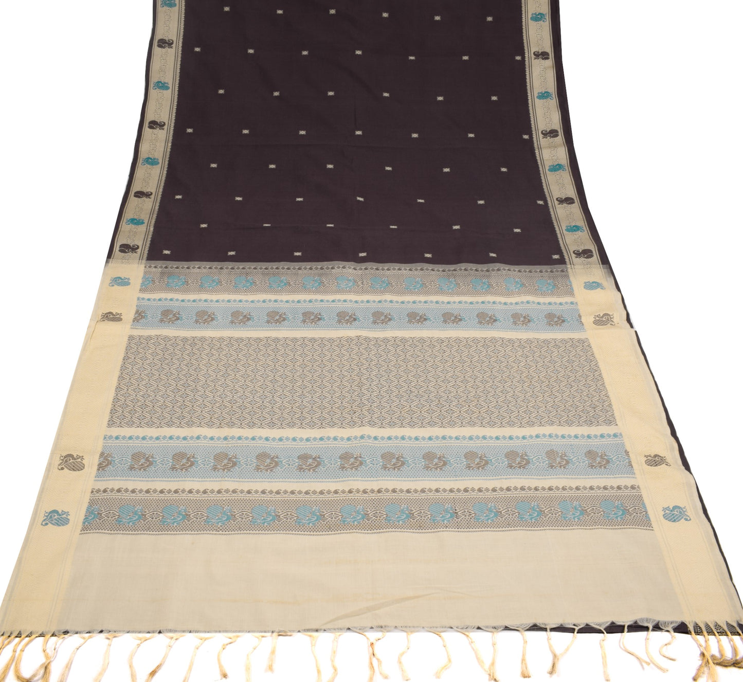 Sushila Vintage Dark Brown Cream Saree Pure Cotton Annapakshi Woven Sari Fabric