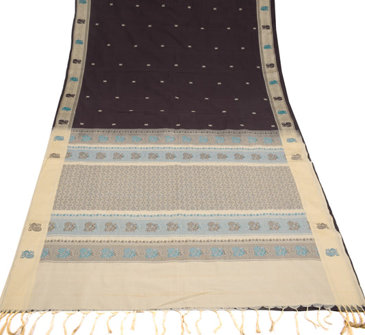 Sushila Vintage Dark Brown Cream Saree Pure Cotton Annapakshi Woven Sari Fabric