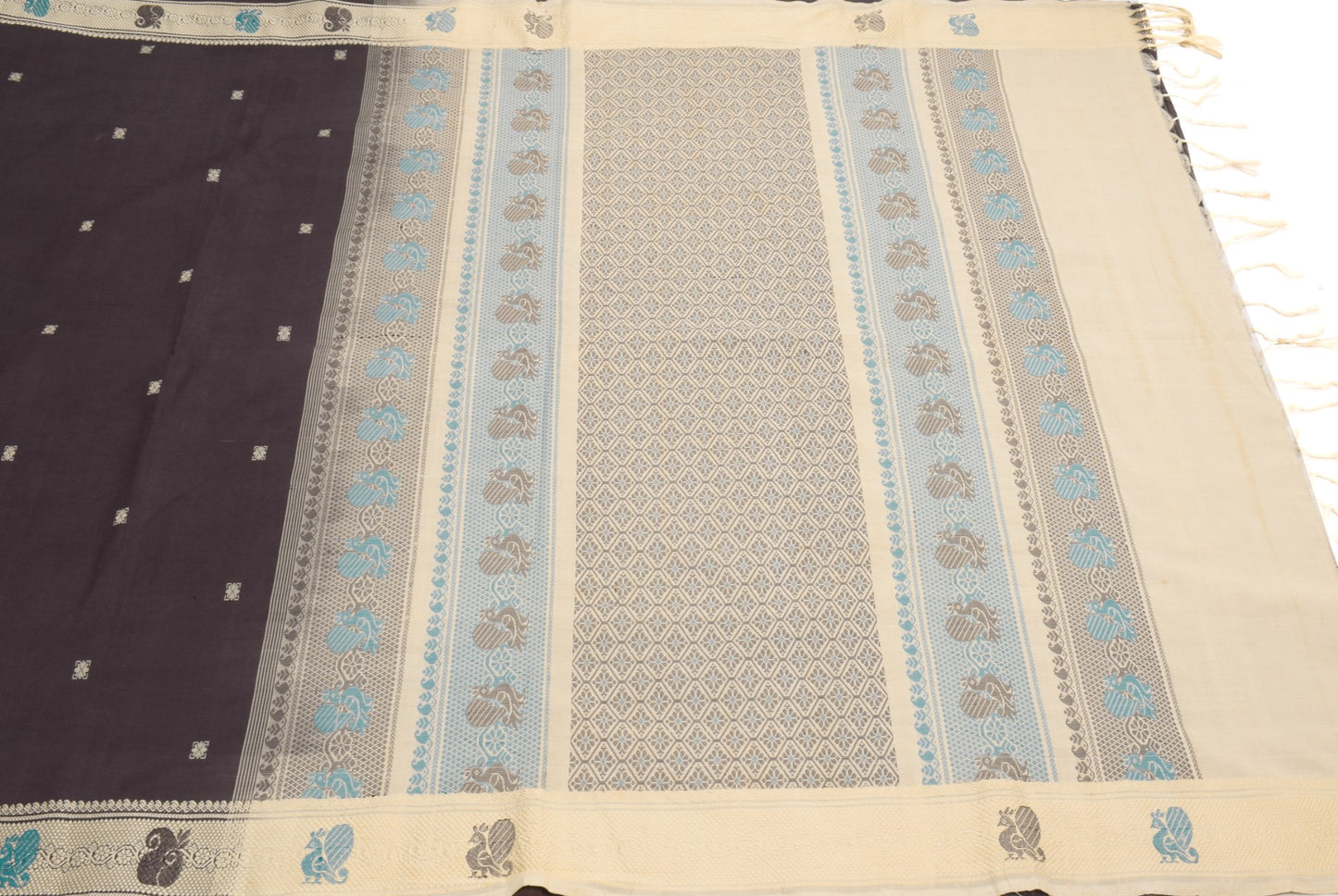Sushila Vintage Dark Brown Cream Saree Pure Cotton Annapakshi Woven Sari Fabric