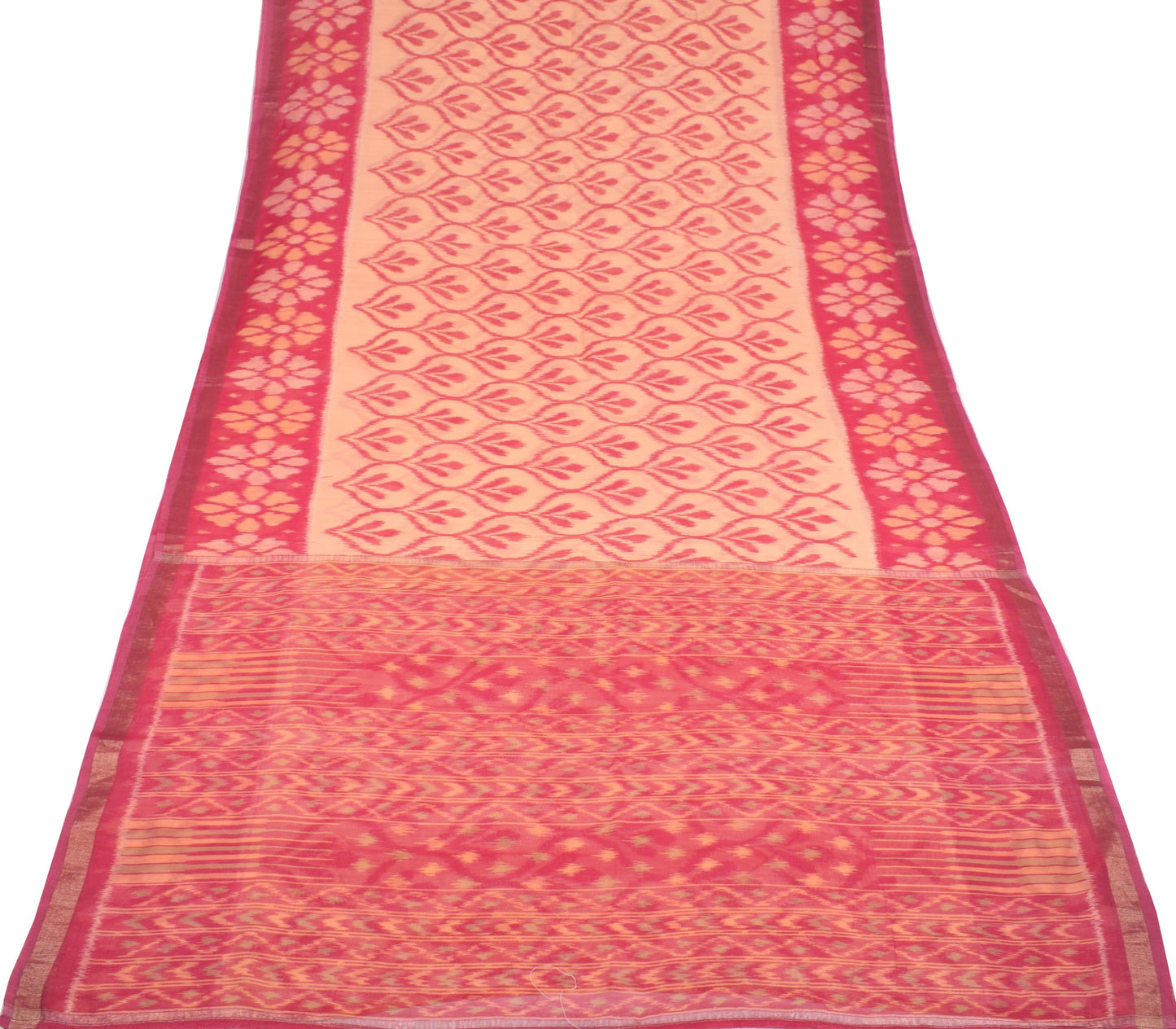 Sushila Vintage Pochampally Ikat Saree Pure Cotton Silk Hand Woven Peach Sari
