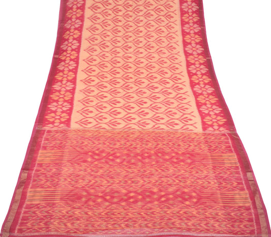 Sushila Vintage Pochampally Ikat Saree Pure Cotton Silk Hand Woven Peach Sari