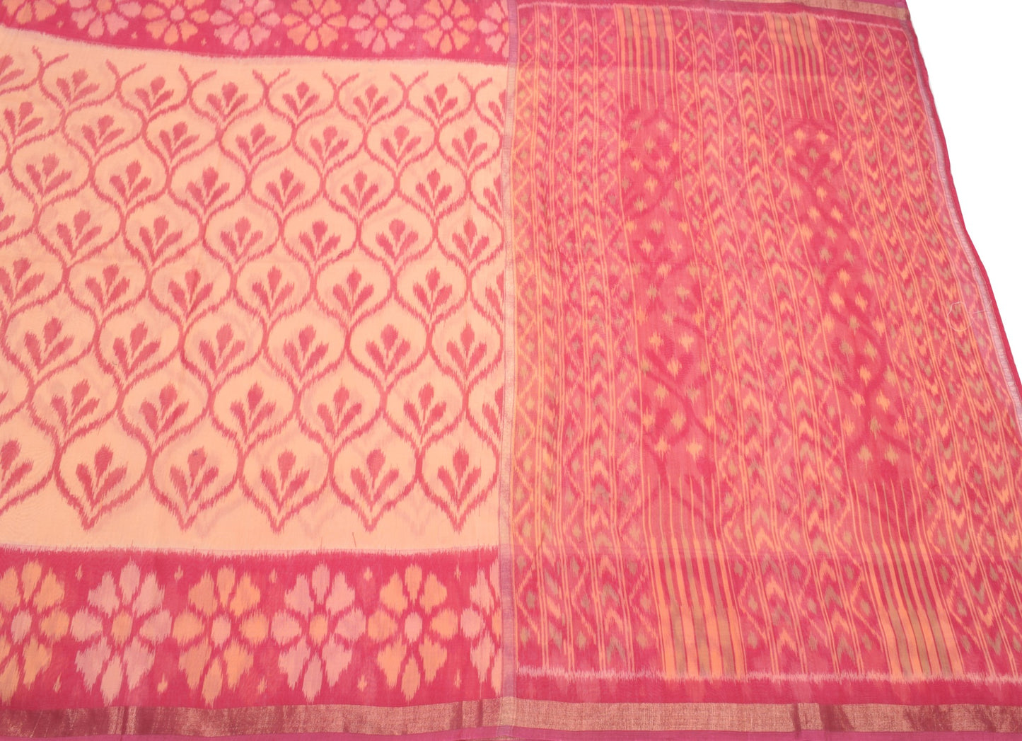Sushila Vintage Pochampally Ikat Saree Pure Cotton Silk Hand Woven Peach Sari