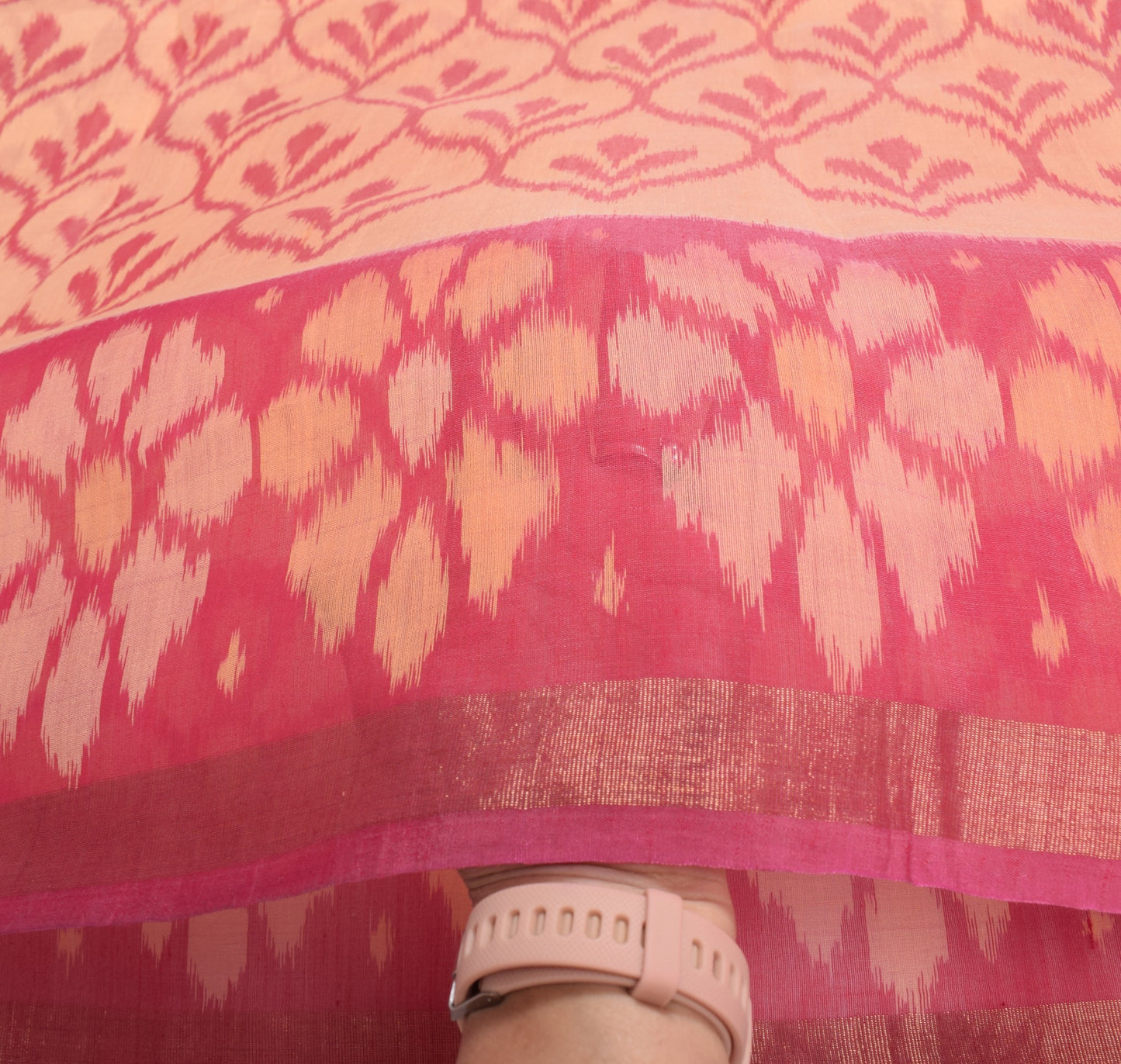Sushila Vintage Pochampally Ikat Saree Pure Cotton Silk Hand Woven Peach Sari