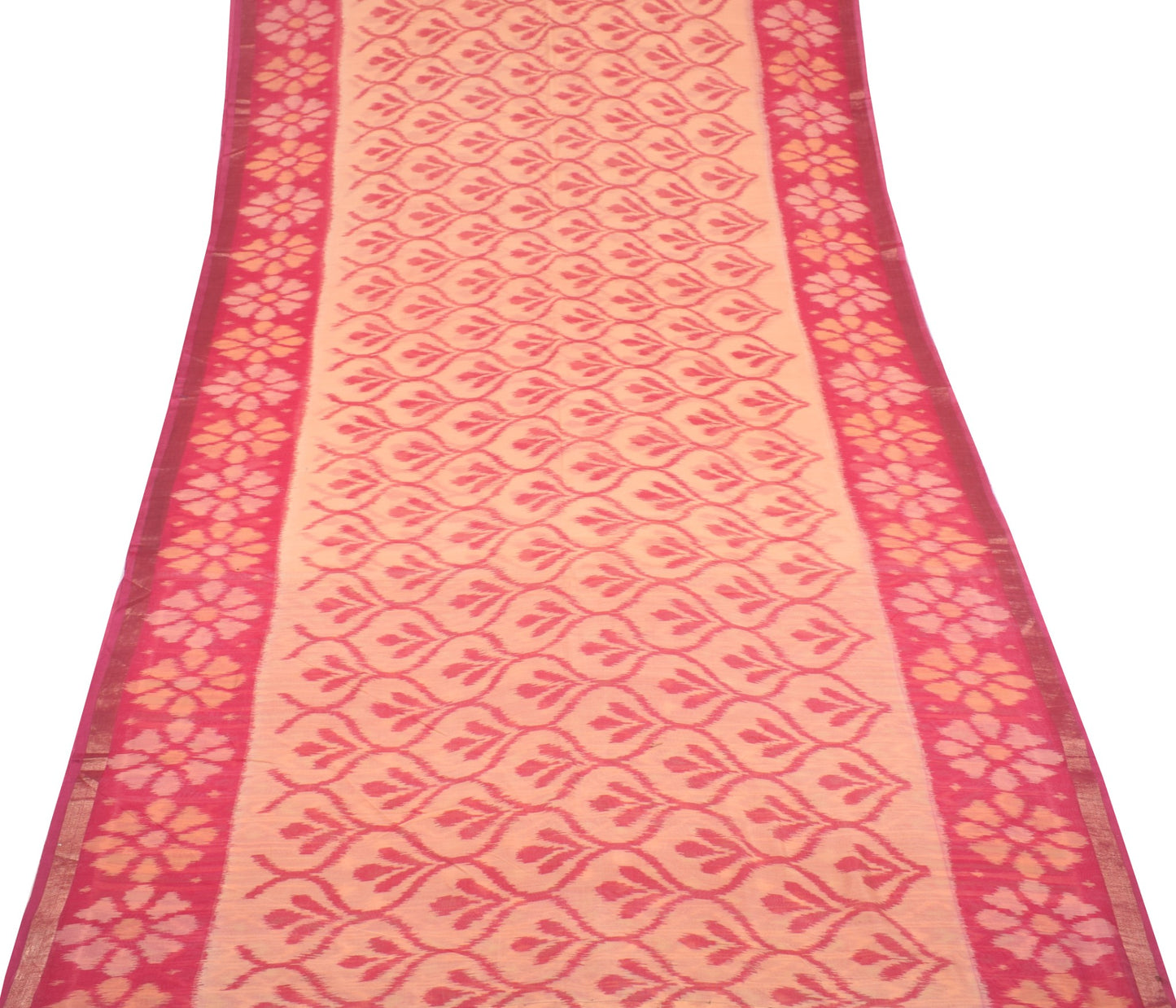Sushila Vintage Pochampally Ikat Saree Pure Cotton Silk Hand Woven Peach Sari