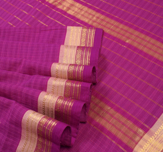 Sushila Vintage Pure Handloom Cotton Saree Checks Woven Zari Brocade Sari Fabric