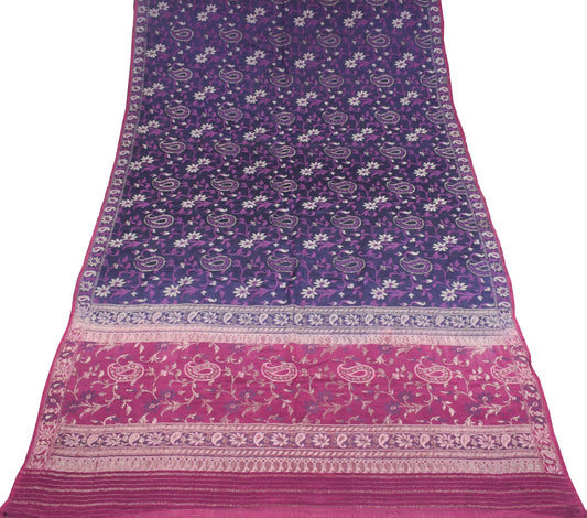 Sushila Vintage Handwoven Banarasi Jamdani Saree Pure Silk Blue Sari CraftFabric