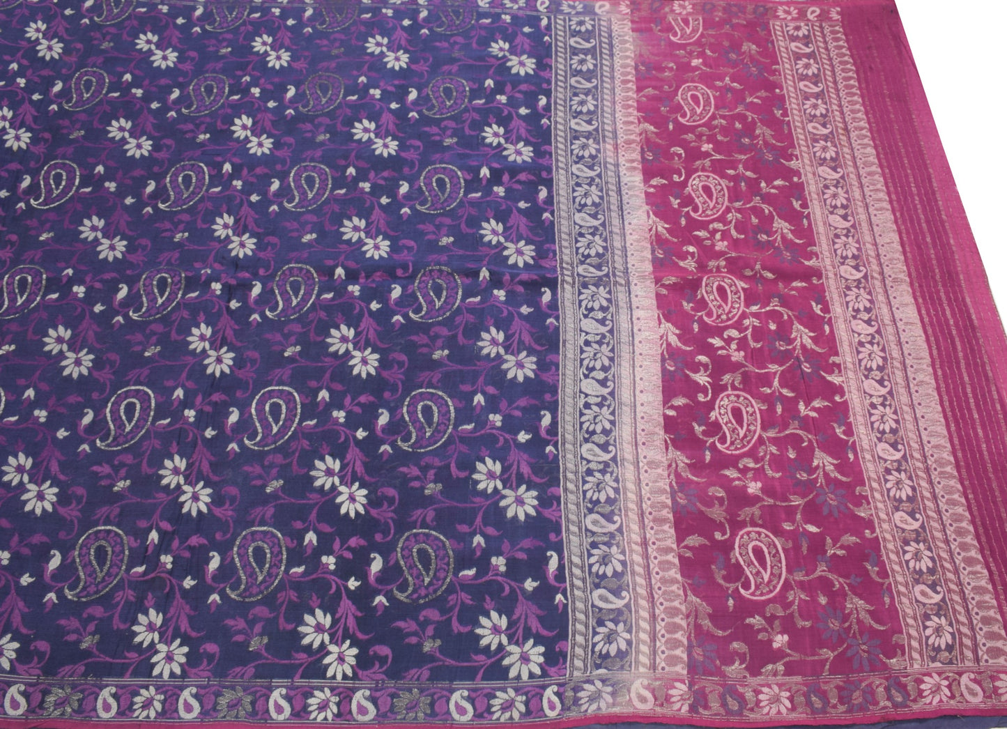 Sushila Vintage Handwoven Banarasi Jamdani Saree Pure Silk Blue Sari CraftFabric