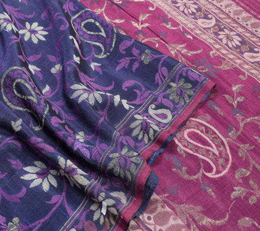 Sushila Vintage Handwoven Banarasi Jamdani Saree Pure Silk Blue Sari CraftFabric